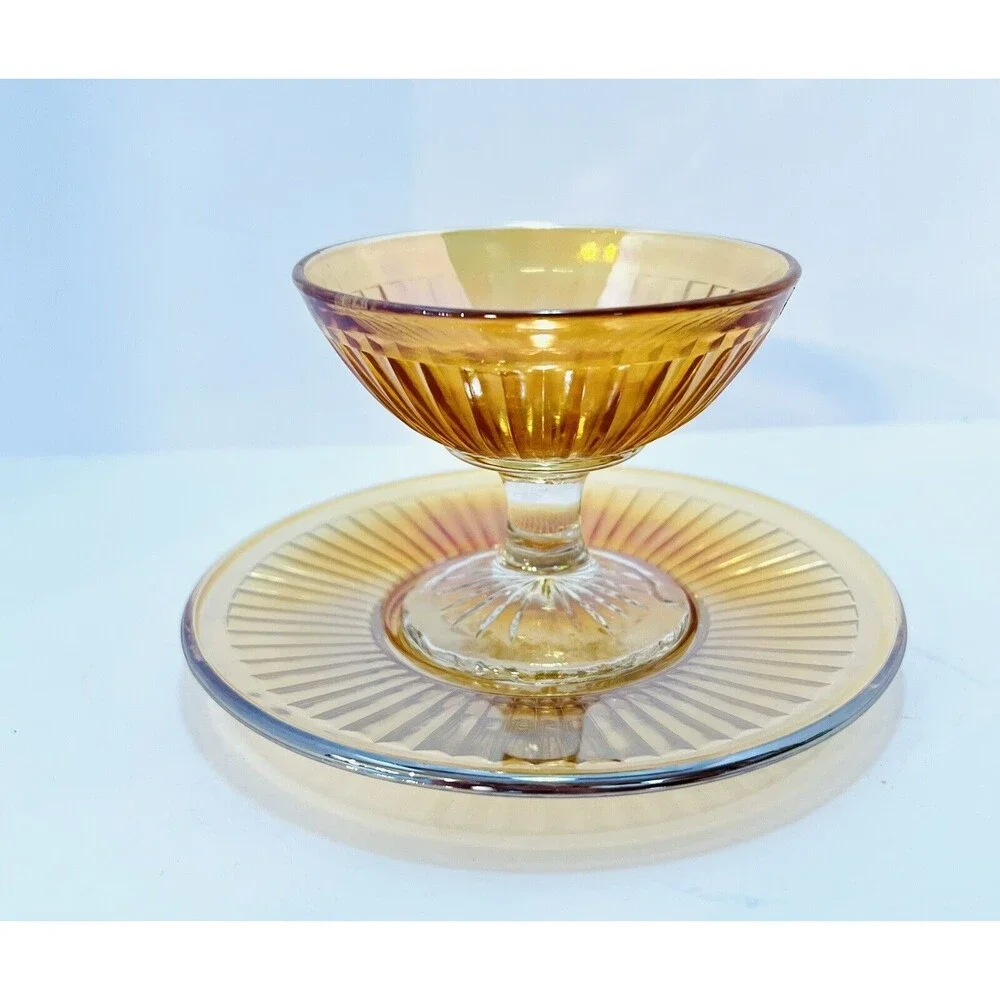 Imperial Marigold Carnival Glass Sherbet Dish & Underplate Vintage Set